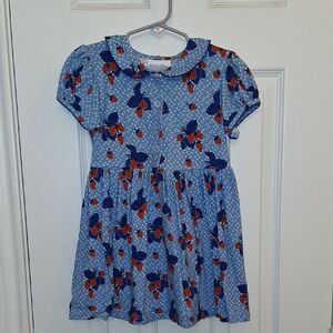 Rachel Riley Blue Polka Dot Kids Dress with Strawberry Floral Design 4Y
